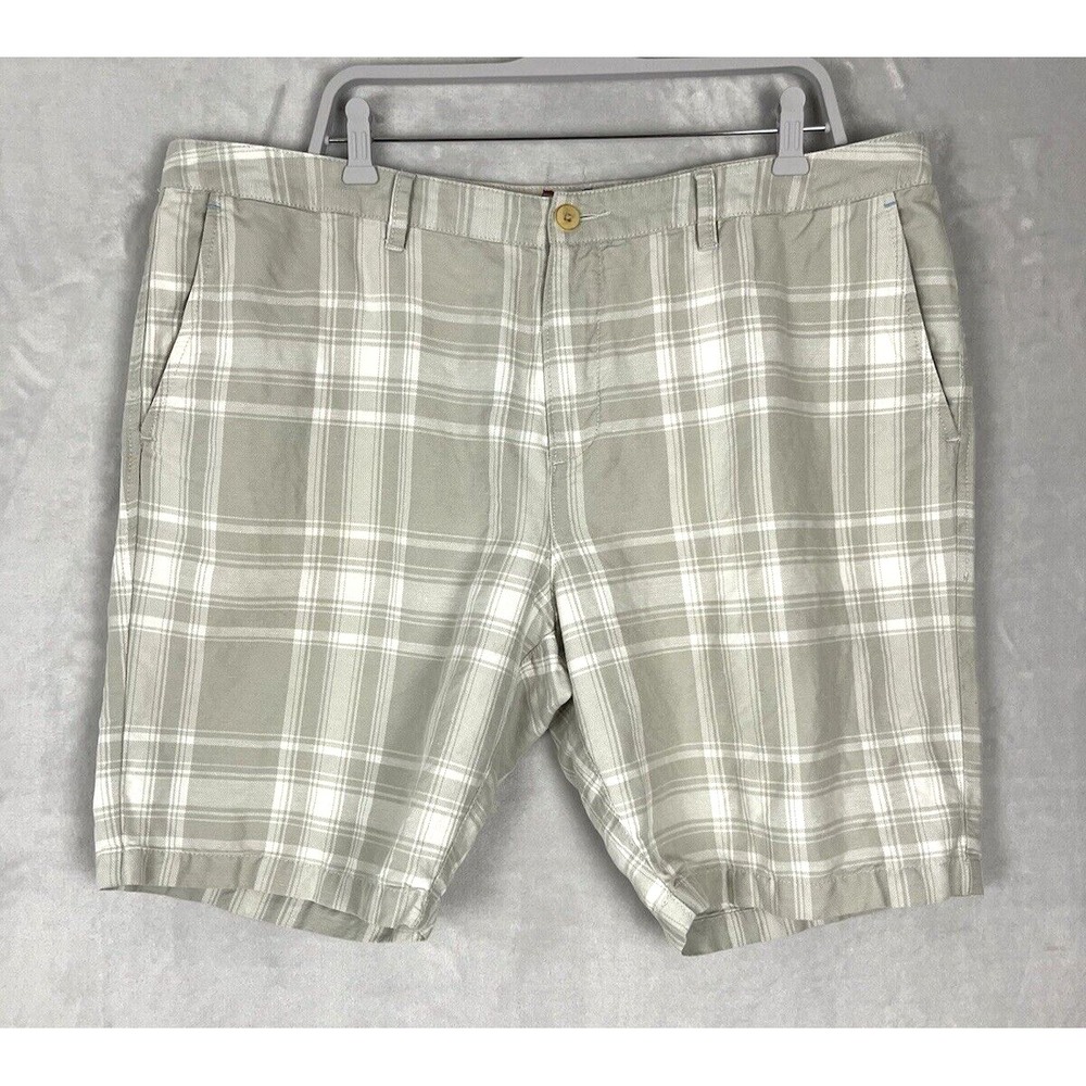 TOMMY BAHAMA Men's Short 40 Plaid Beige Chino Linen Blend 10''Inseam Flat Front